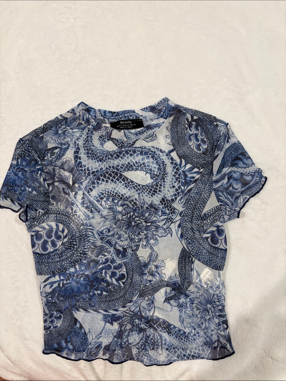 Bershka Blue Floral & Snake Mesh Tee